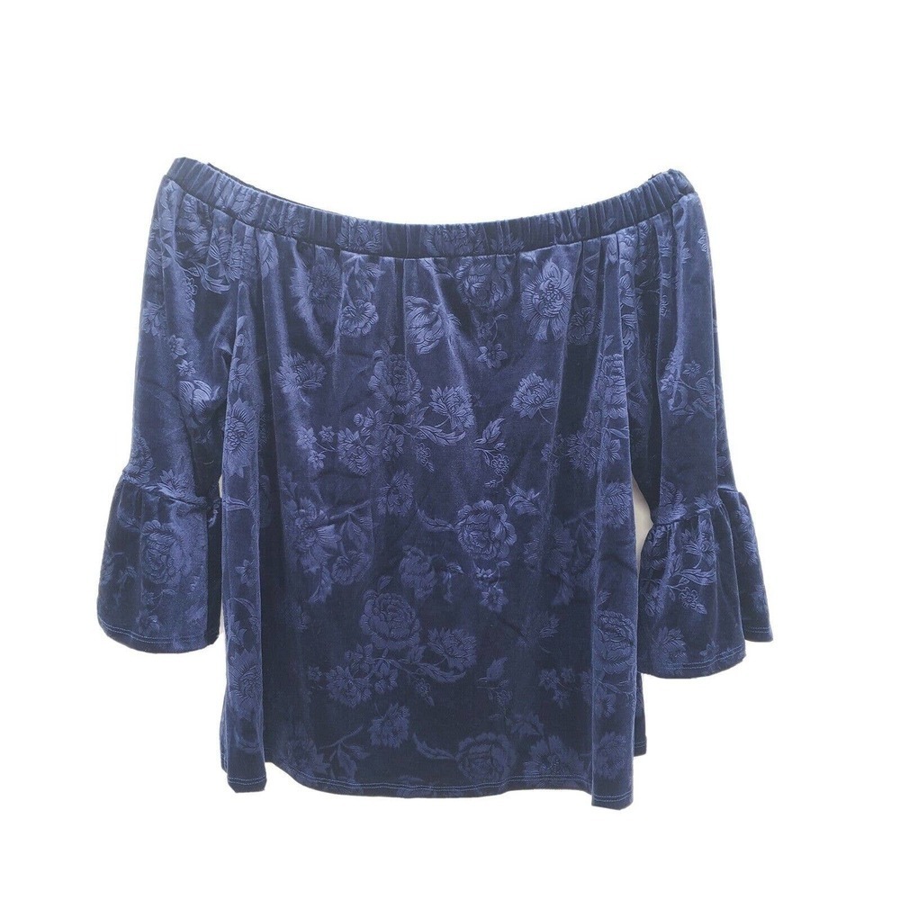 Current project blue velvet off shoulder blouse womens small floral embossed top